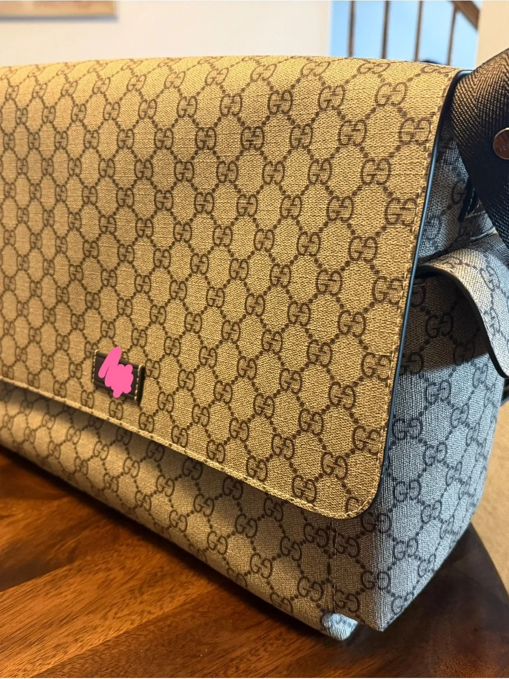 Beige Monogram Baby Bag with Black Leather Trim